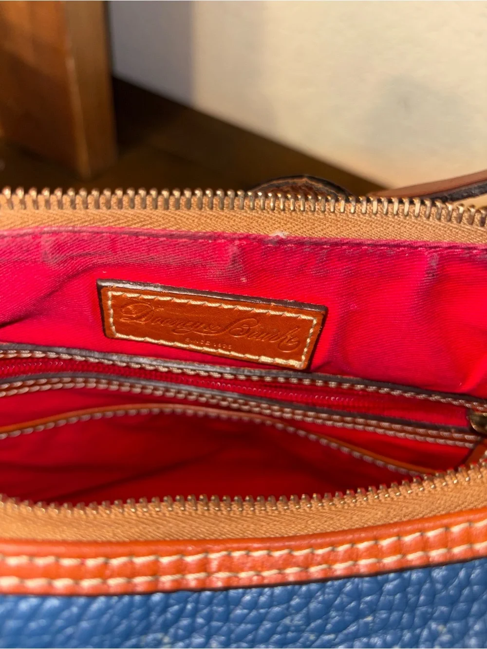 Dooney & Bourke Pebbled Leather Hobo Shoulder Bag – Blue with British Tan Trim - Picture 11 of 13